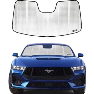 Windshield Sun Shade for Ford Mustang 2015-2023 with Rearview Mirror Mounted Camera. Reflective Aluminum Film Front Window Sunshade - BLAZBLOCK (Shiny SilverClassic)