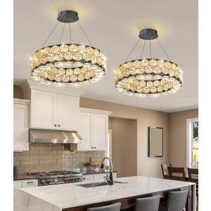 Crystal Chandeliers Modern Rings Pendant Light LED Dimmable Ceiling Light for Bedroom Dinning Room Kitchen Black