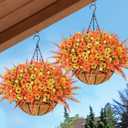 Yastouay Fake Hanging Plants, Artificial Fall Hanging Baskets for Outdoors, 2 Pack Artificial Mums for Outdoors, UV Resistant Fake Fall Flowers for Garden Patio Porch Yard Fall Decor (Orange, Yellow & Fern)