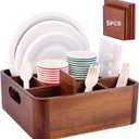 Bonfixe Acacia Wood Utensil Holder, Silverware Organizer Caddy with 4 Anti-Slip Pads, 5 Removable Dividers Utensil Organizer for Kitchen Counter, Party, and Picnic