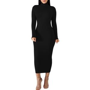 BORIFLORS Women's Sexy Basic Long Sleeve Turtleneck Bodycon Party Long Pencil Dress (Black, S)