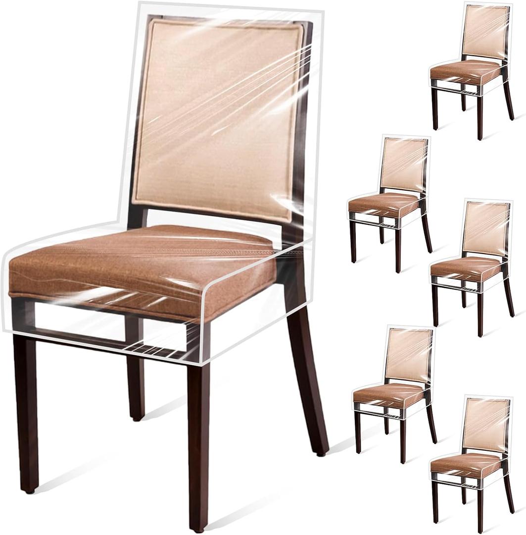 6 Pack Plastic Dining Chair Covers, Waterproof Clear Plastic Kitchen Chair Protectors W/21 x D/18 Inch Keep Your Chairs Safe from Water Dust Stain and Pet Claws Fits 16-23"