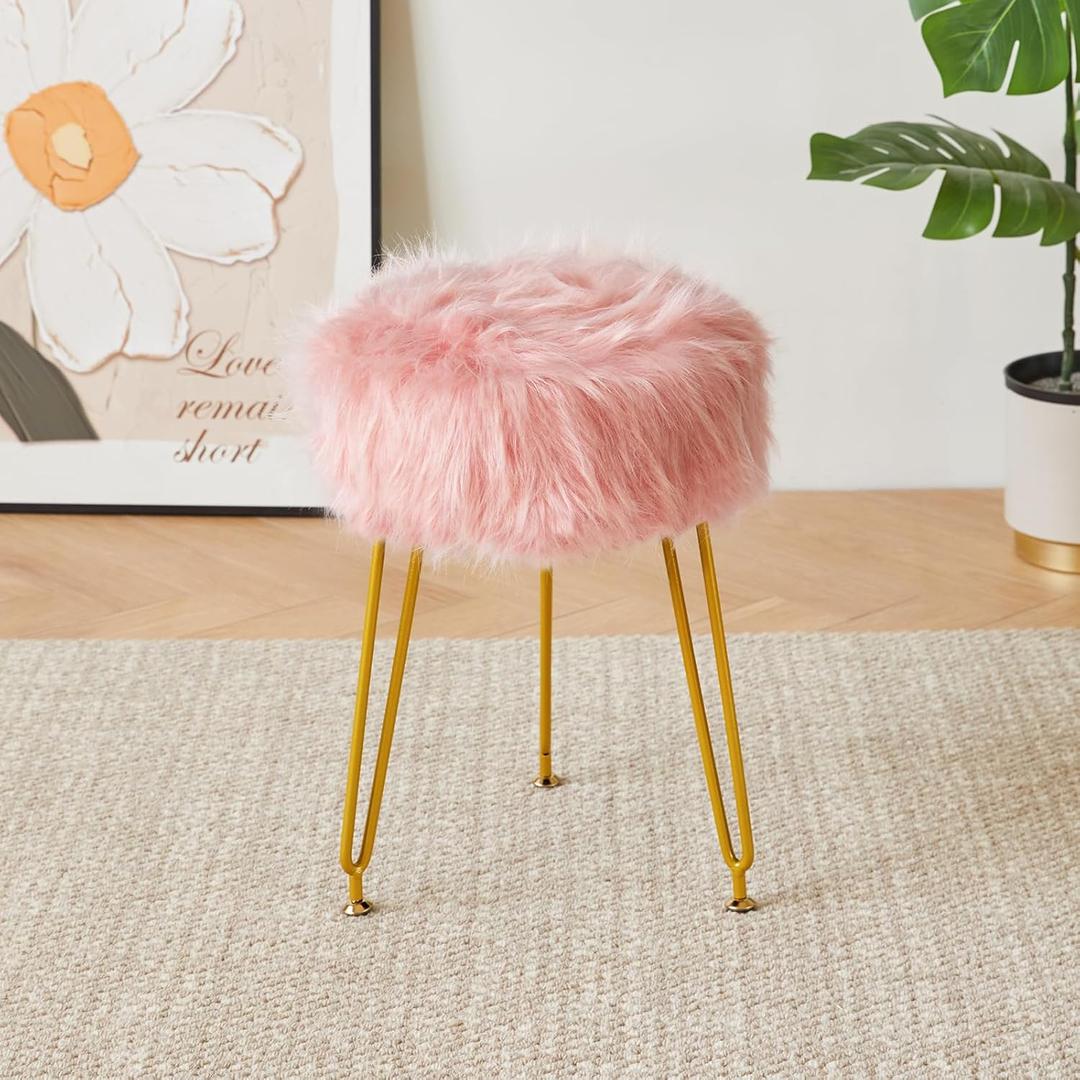 IBUYKE Faux Fur Vanity Stool Chair, Furry Makeup Stool Ottoman, Soft Padded Seat, Round Footrest Footstools with 4 Metal Legs, for Living Room Bedroom Entryway, Pink LG-32P