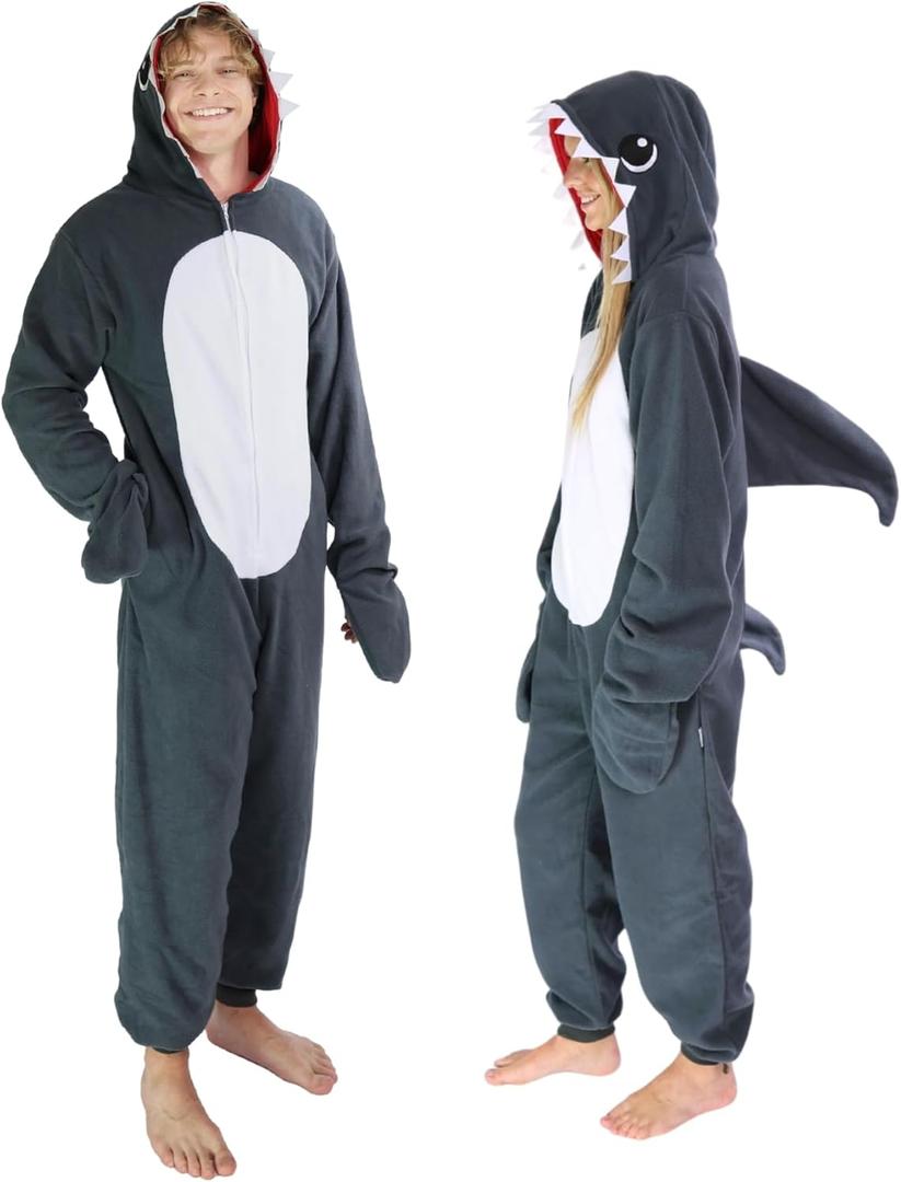 Funziez! Slim Fit Adult Onesie - Animal Halloween Costume - Plush Unisex One Piece Cosplay Suit for Women and Men (Small, Great White Shark)
