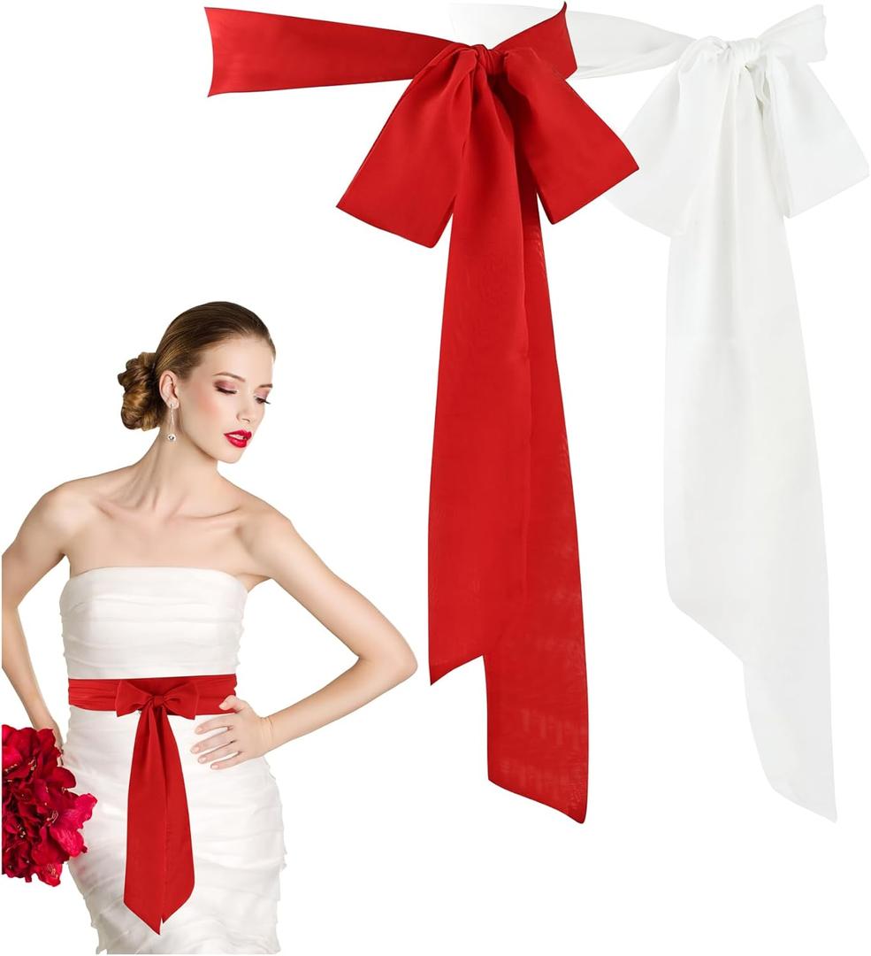 2 Pcs Women Dress Belt Chiffon Sash Waist for Wedding Bridal Sash for Special Occasion 3'' Wide Double Side (White+red)