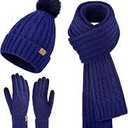 Womens Winter Warm Beanie Hat Long Scarf Touchscreen Gloves Set with Fleece Lined Skull Pom Caps 3 in 1 Set for Gift
