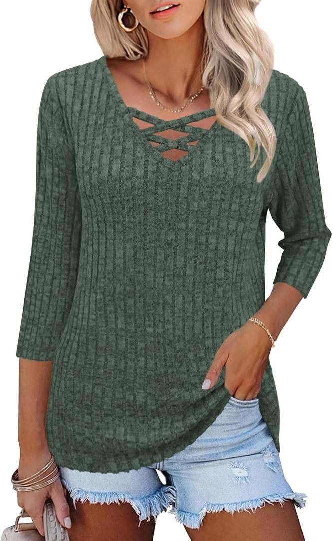 Heymiss Womens Sweaters 3/4 Sleeve V Neck Shirts Dressy Casual Blouses Loose Fit Tunic Tops Criss Cross (L)