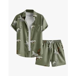 WDIRARA Men's 2 Piece Leopard Print Outfit Button Up Collared Short Sleeve Shirt and Drawstring Waist Shorts S