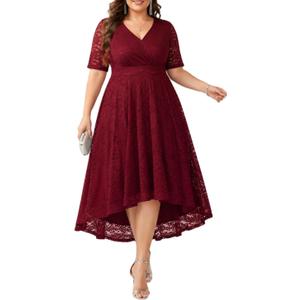 Plus Size Wedding Guest Dress Fall Formal Lace Burgundy Faux Wrap V Neck High Low Short Sleeve Cocktail Party Maxi Dresses (Red, M)