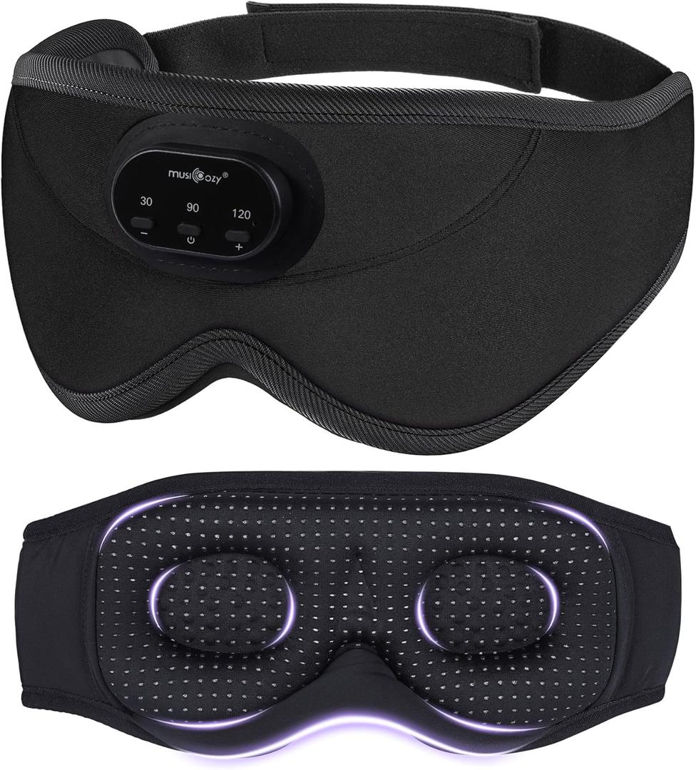 MUSICOZY 3D Bluetooth Sleep Mask with Headphones and Timer, Wireless Sleep Headphones for Side Sleepers, Eye Mask with Bluetooth Headphone, Unique Gifts for Men Women, Black