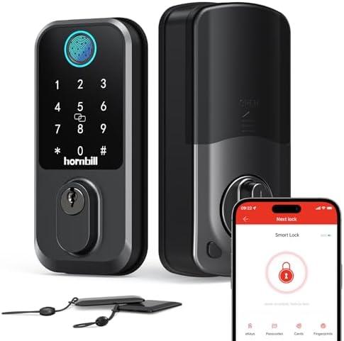 Keyless Entry Wi-Fi Smart Lock: Hornbill Fingerprint Lock for Exterior Doors, Biometric Smart Deadbolt Locks for Front Door, Keypad Deadbolt with Auto-Lock for Rentals Home, Matte Black