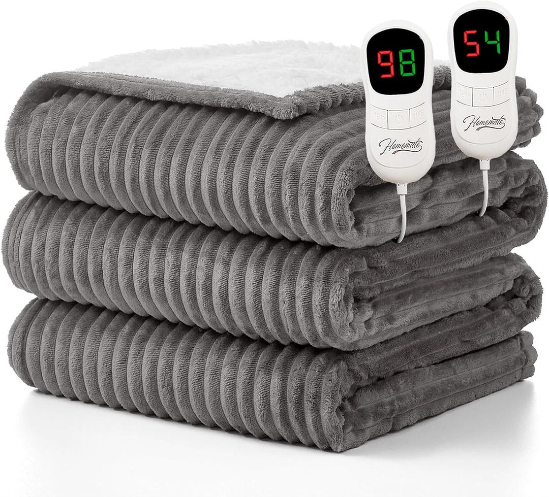 Homemate Electric Heated Blanket King Size - 100"x90" Heating Blanket King Size Dual Control 1/2/4/6/8 Hours Auto-Off 10 Heat Level Over-Heat Protection Soft Flannel Sherpa ETL Certification (Light Grey (Striped))