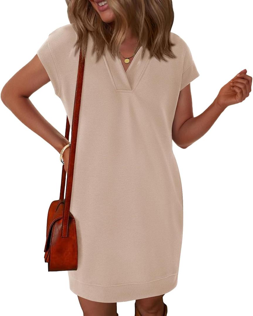 Okiwam Women's Spring Summer Dresses 2025 Casual Short Sleeve V-Neck T-Shirt Mini Vacation Sun Dresses with Pockets (Beige, XL)