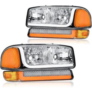 LED DRL Headlight, Headlights Assembly Kit Compatible with 1999-2007 GMC Sierra 1500/2001-2007 GMC Sierra 1500HD 2500HD 3500, Fit 1999-2006 Yukon Headlamp Chrome Housing Amber Reflector