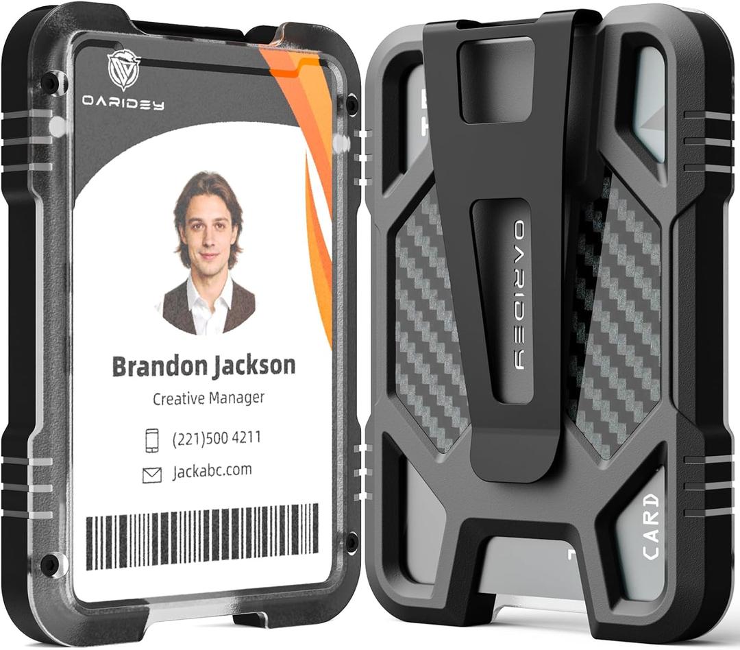Oaridey ID Badge Holder with Metal Clip, Heavy Duty ID Card Holder Holds 5 Cards, ID Holder for Work, Carbon Fiber Bagde Wallet for School, Police, Office & Travel.