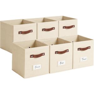 10.5 Inch Collapsible Storage Cubes with Labels, 6-Pack Non-Woven Fabric Bins with Handles, Foldable Organizer for Closet, Shelf, Bedroom, Nursery & Home Organization (Beige)