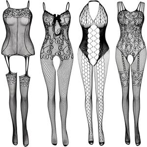 Pack of 4 Women's Lace Stockings Lingerie Floral Fishnet Bodysuits Lingerie Nightwear for Romantic Date Wearing 