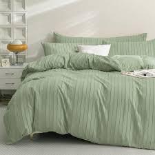 JELLYMONI Duvet Cover Queen Size Green - 3PCS Boho Striped Duvet Cover Set Microfiber Tufted Bohemian Textured Comforter Cover 9090in with Corner Ties & Zipper and 2 Pillowcases