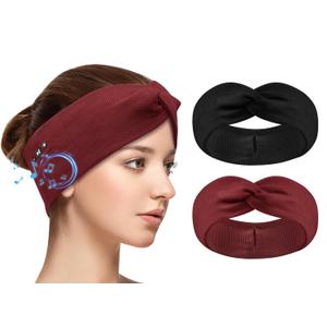2-Pack Headband Headphones with Thin HD Speakers, Bluetooth Headband for Women, Stylish Knotted Design, Wireless Bluetooth Headphones for Workout, Daily Life, Yoga, Travel, Meditation - Red&Black
