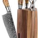 HEZHEN 7PCS Kitchen Knives Set - Professional Forging Damascus High Carbon Steel Chef Knife, Santoku, Bread, Utility, Fruit Knives & Multifunctional Kitchen Scissors - 6Slot Black Walnut Block