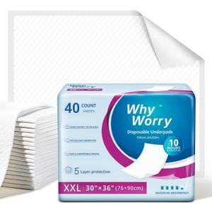 WhyWorry Extra Large Disposable Bed Pads 30" x 36", Super Absorbent Leakproof Incontinence Underpads for Surface Protection, Thick Quilted Chucks Pee Pads for Adults and Babies, 40 Count