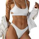 ZAFUL Women's Cutout Bikini Sets Scoop Neck Back Criss Cross Tie Ribbed High Cut Bikini Swimsuit Two Piece Bathing Suits (1-white)