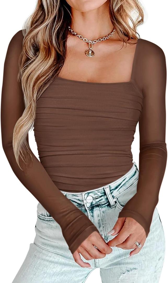 PINKMSTYLE Womens Square Neck Mesh Long Sleeve Bodysuit Shapewear Corset Tops Sexy Concert Outfits Party Shirts (Medium, Coffee)