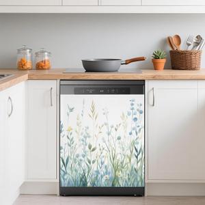 Watercolor Green Leaves Dishwasher Covers for The Front Magnetic,Spring Wildflower Refrigerator Magnets Decoration,Reusable Dishwasher Cover Panel for Home Kitchen Decor 23x26 Inch