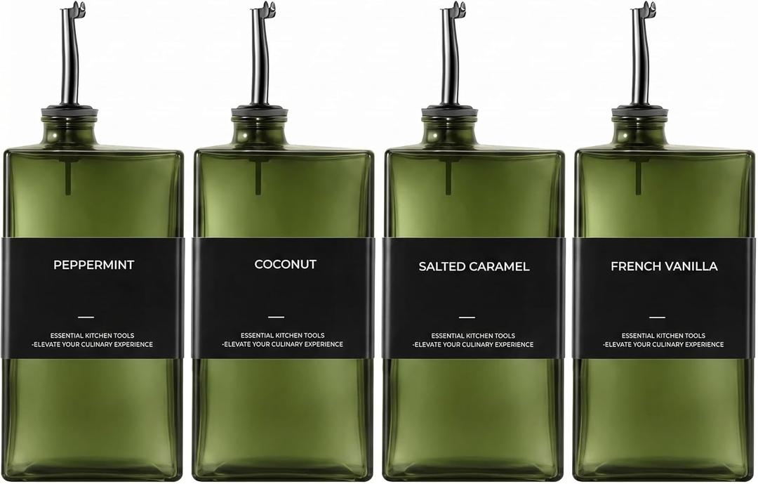 WISIMMALL Olive Oil Dispenser Bottle For Kitchen, 17OZ UV-Blocking Oil And Vinegar Dispenser Set Of 4, Soy Sauce Cooking Oil Dispenser with 4 Stainless Steel Pourers & 44 Labels