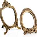2 Pcs Small Gold Vintage Mirror Antique Vanity Makeup Desk Mirror Traditional Arch Tabletop Mirrors with Stand Baroque Decorative Wall Art for Living Room Bedroom Dresser Decor