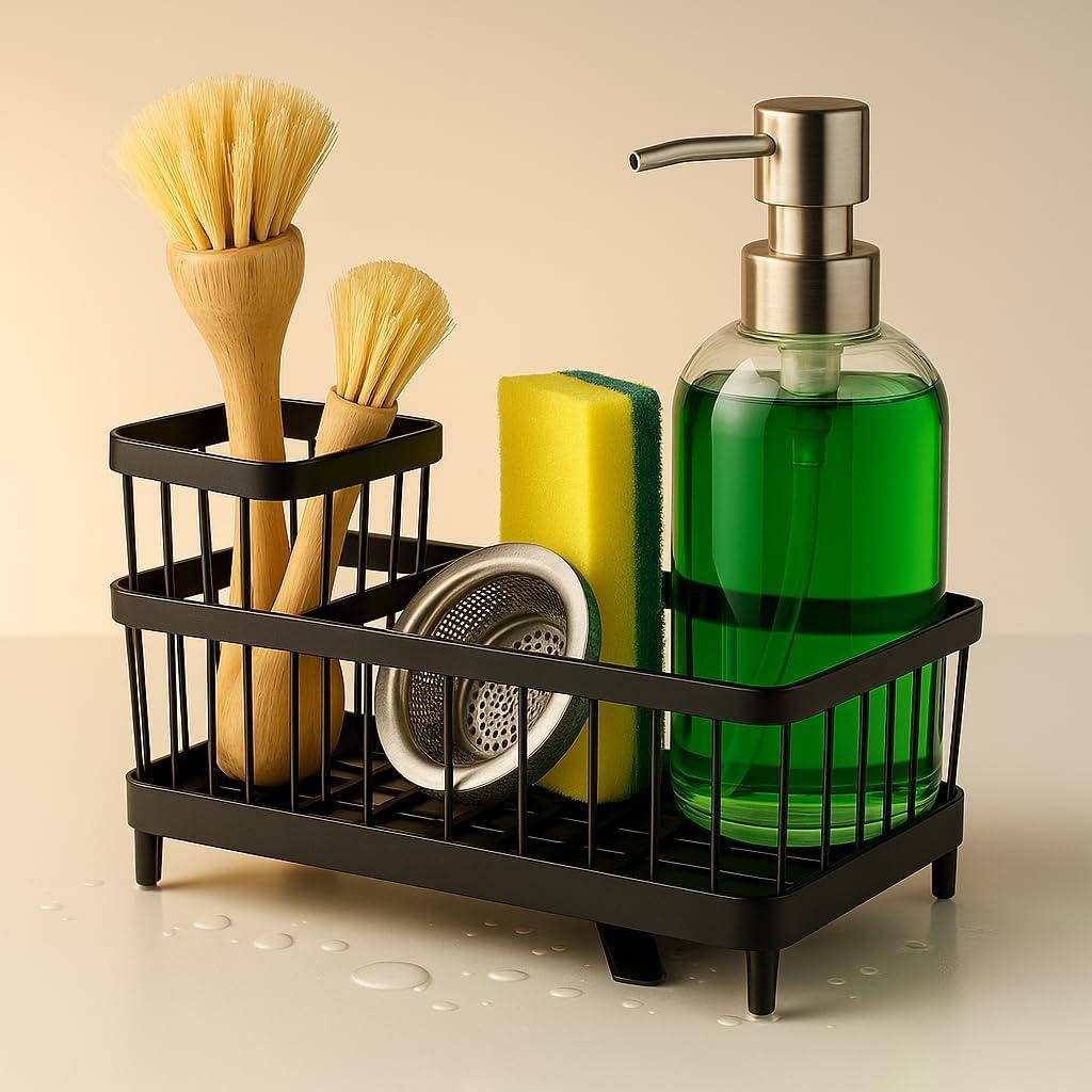 Cisily Black Kitchen Sponge & Brush Holder Sleek Sink Caddy Organizer