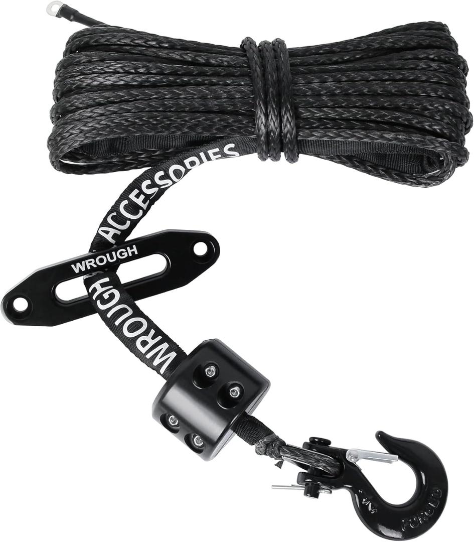 3/16" Synthetic Winch Rope Kit, 3/16 In x 50 Ft 8500LBs Strength ATV Winch Rope Line with Steel Hook, Fairlead, Rubber Stopper, Protecting Sleeve and Thimble, Suitable for ATV, SUV, Vehicle (Black)