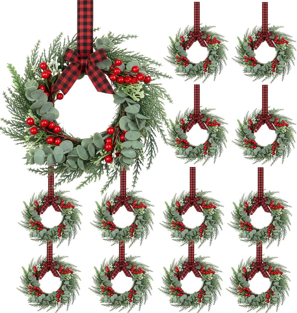 12 Pcs 8" Mini Christmas Wreaths for Kitchen Cabinet Small Christmas Candle Rings Wreaths, Front Door Pillars/Home Table Centerpieces Hanging Garlands, for Windows/Wedding Decor (No Red Ribbon)