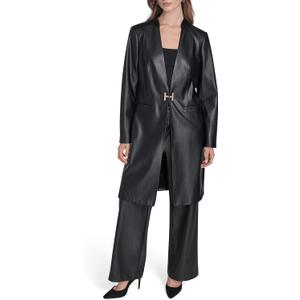 HALSTON Women's Long Vegan Leather Gold Hardware Jacket, Size 8