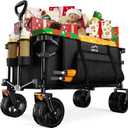 Collapsible Wagon Cart Heavy Duty Foldable, Folding Beach Wagon with Big Wheels for Sand, Utility Grocery Cart with Side Pocket and Brakes for Camping Sports Outdoor Activities, Black