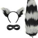 PATURPINT Halloween Costume Raccoon Set, Black and White Furry Ears Headbandi, Tail with Eye Mask, 3-Piece Dress Up Accessories
