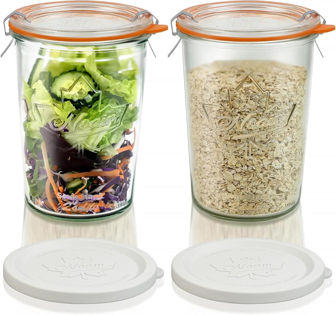 Freshmage Canning Jars 27 oz 2 Pack, Sourdough Starter Jars with 2 Lids Per Jar (Glass Sealing Lid & Plastic Lid), 800ML Wide Mouth Airtight Glass Storage Containers for Pickles, Yogurt, Pasta, Cereal