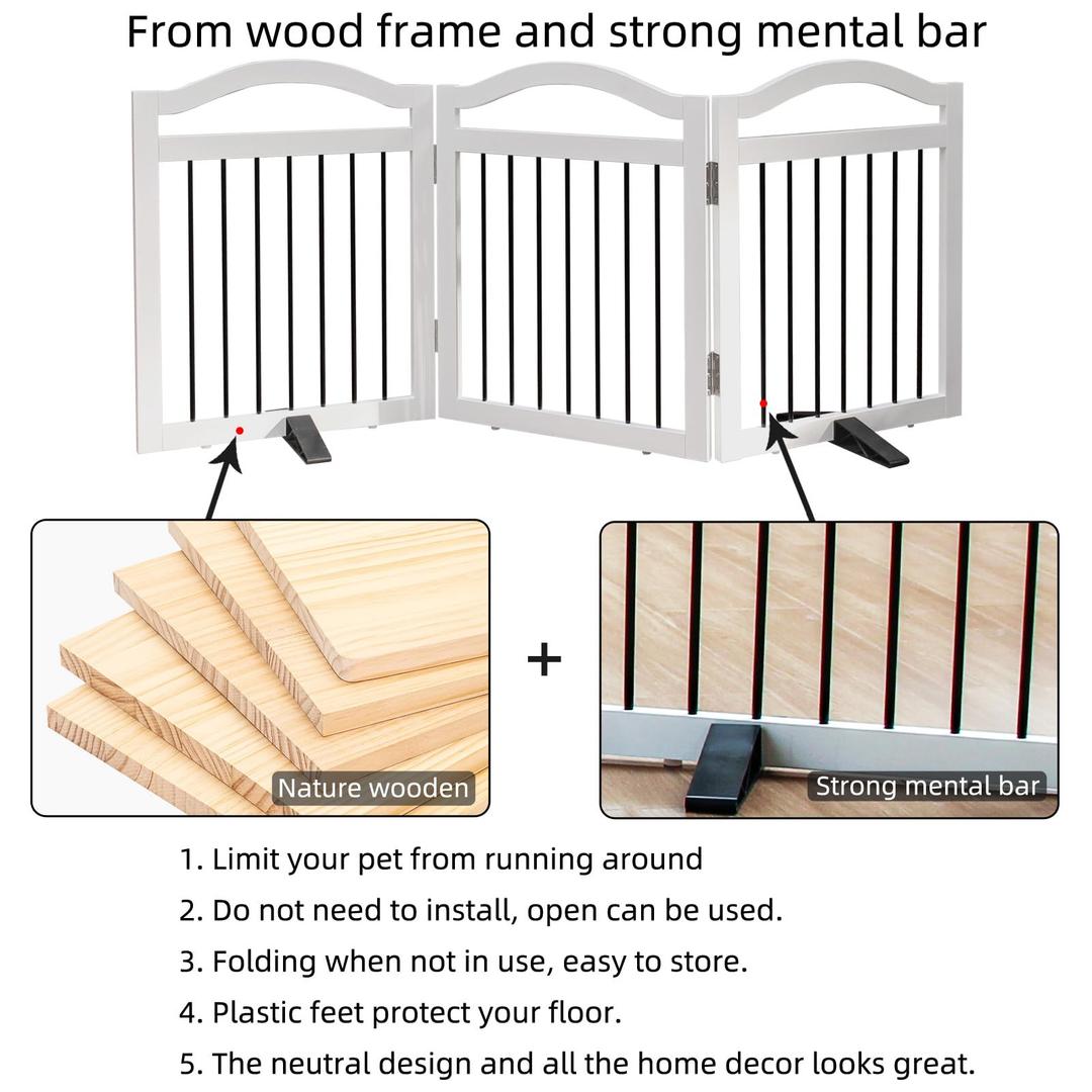 Freestanding Foldable Dog Gate Indoor, Pet Gate for Doorways, Dog Fence for The House, Sturdy Wood Puppy Gate for Stairs, White Pet Gate with Support Feet for Hallways, Foldable Wooden Dog Gate 22x20