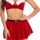 Lidogirl Women Tie-Front Crop Top And Lace Trim Plaid Skirt Set With Stockings XS-2XL (Large, Christmas Red)