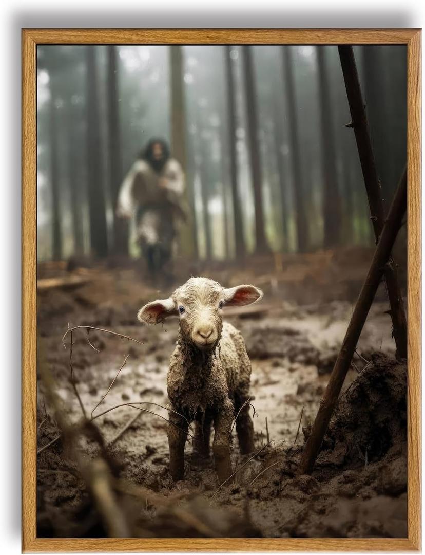 Framed Christians decor Jesus and Lamb Canvas Wall Art Jesus Running After Lost Lamb Picture Canvas Print Decor Christian wall art 14X18 Inches A-334