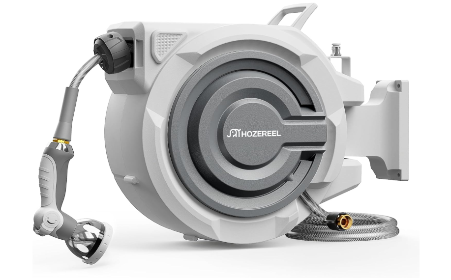 Retractable Garden Hose Reel 1/2" x 150ft | UV Resistant Automatic Slow Self Retract Hose Reel, 180°Swivel Wall Mount, Any Length Lock , 10 Pattern Nozzle
