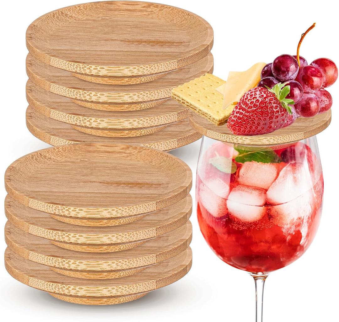 Mumufy 8 Pcs Wine Glass Charcuterie Topper Bamboo Round Mini Charcuterie Boards Dual Use Cups Topper Plates for Family Gatherings Bars Restaurants (5'')