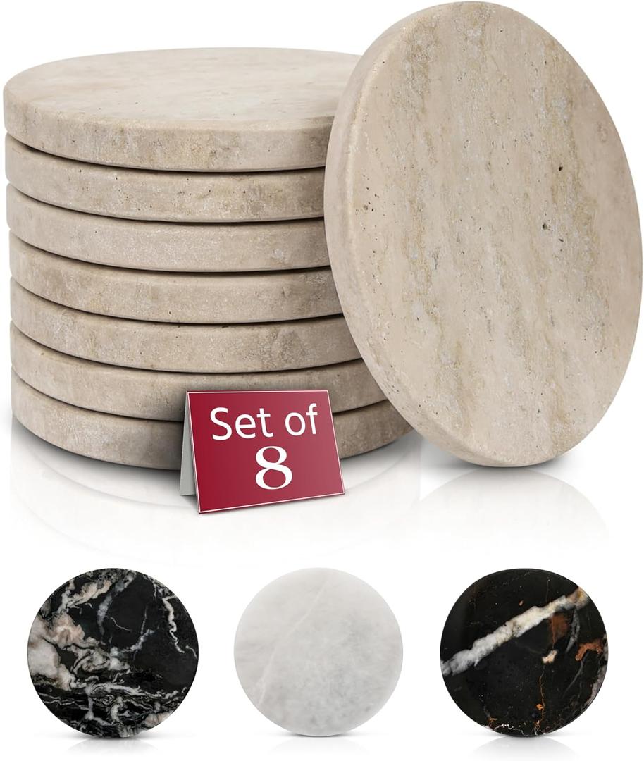 Gusto Nostro Neutral Travertine Coasters  Absorbent Stone Coasters Set of 8  Highend, Natural Limestone Coaster for Drinks  AntiSlip Felt Backing Travertine Coaster for Countertop, Coffee Table