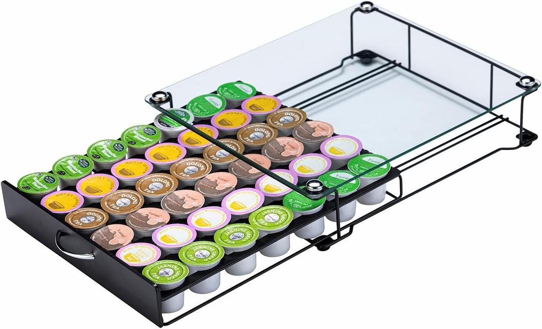 ZCDCP K Cup Holder Drawer Storage,with Crystal Tempered Glass Top,Compatible with K-Cups,Office Kitchen Counter Organizer,(42 pods)