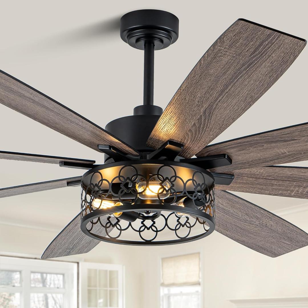 72 Inch Farmhouse Ceiling Fans with Lights Quiet Reversible DC Motor Caged Rustic Ceiling Fans with Remote Industrial Chandelier Fan for Living room Bedroom(Black)