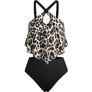 ZAFUL Two Piece Women's Tankini Swimsuits Cross Cutout Flowy Swim Top Tummy Control Ruched Bikini Bottom Bathing Suits (1-leopard Black)