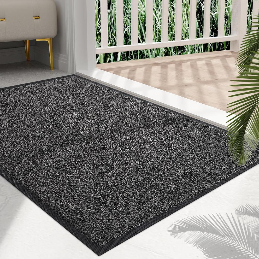Mibao Front Door Mat, Dirt Trapper Welcome Mat for Outdoor Indoor, Non-Slip Waterproof Doormat, Durable Machine Washable Low Profile Entry Rug for Back Door Outside Patio Porch, 36" x 24", Grey (Black&gray)