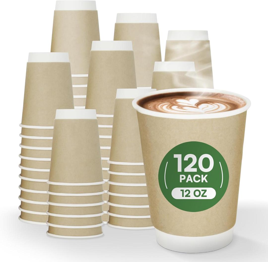 12 oz Compostable Coffee Cups 120 Pack, BPI Certified Disposable Coffee Cups 12 oz, PLA Coated Natural Kraft Paper Cups for Office, Coffee Bar & Travel