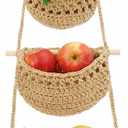 Hanging Fruit Basket, 3 Tier Cotton Woven Wall Basket, Removable Wall Hanging Baskets for Kitchen Bathroom Storage, Plants Holder, Vegetable Onion Organizing, Boho Decor (Beige, 32 Inch)