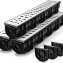 Amylove 3 Sets Channel Drain 39.4 x 5.9 x 5.1 Inches, Trench Drain System Garage Floor Drainage Trench with 3 Stainless Steel Drainage Grates and 3 Plastic End Caps for Pool Driveway, Black